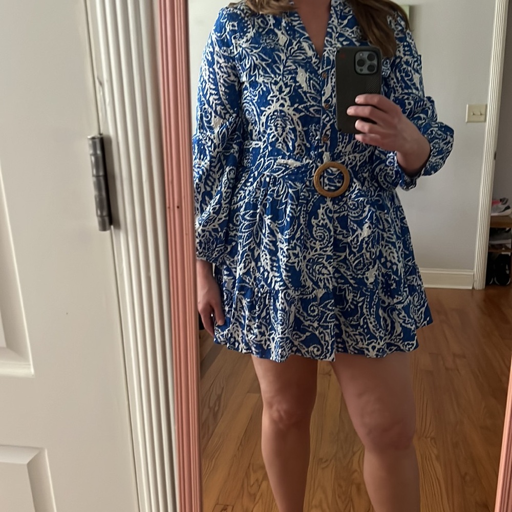 ZARA Blue white Eyelet Dress with Belt NEW size small